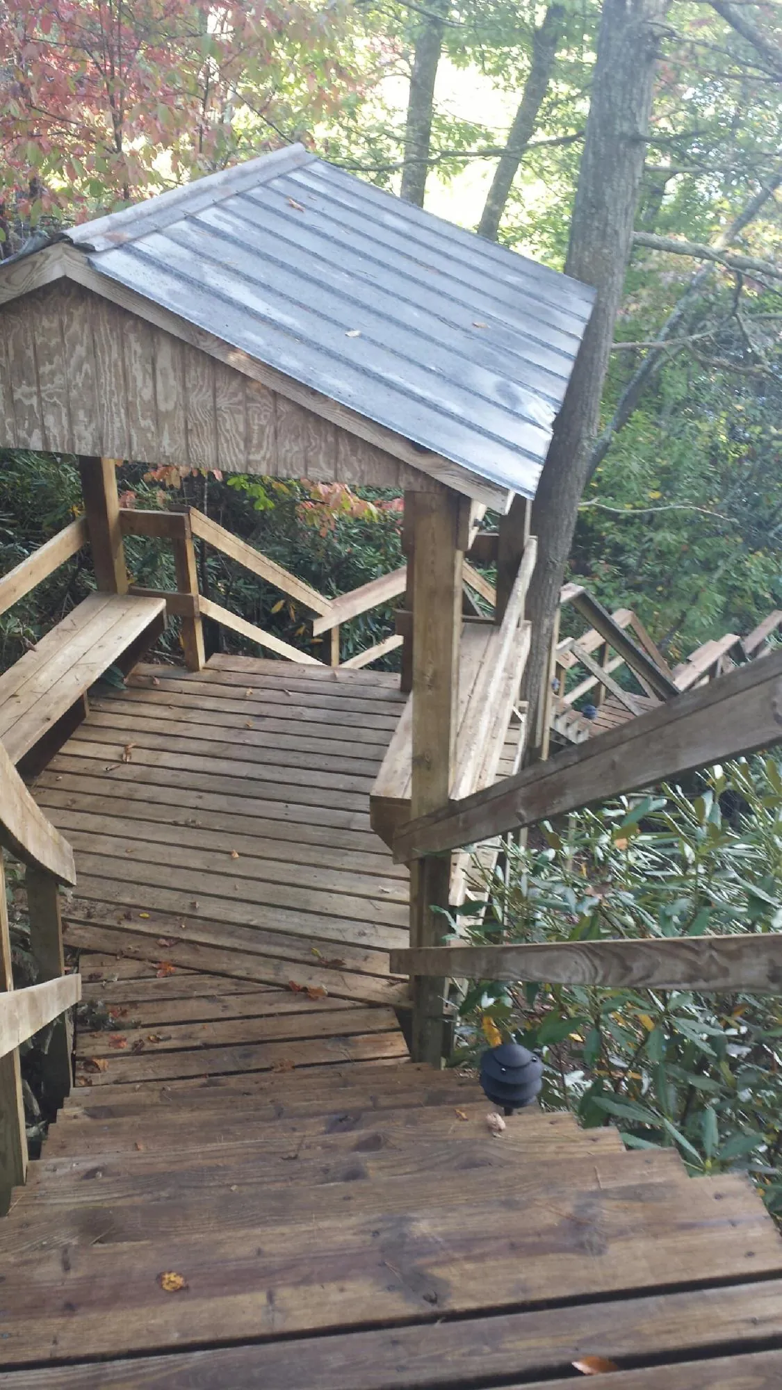 Metal roofed shelter over wooden steps on a wooded walkway — Skylight Repair & Installation work by our crew in Grassflat